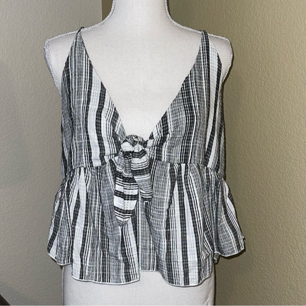 Free People Black White Linen Mix Crop V Neck Bow Crop Tank Top Sz XS